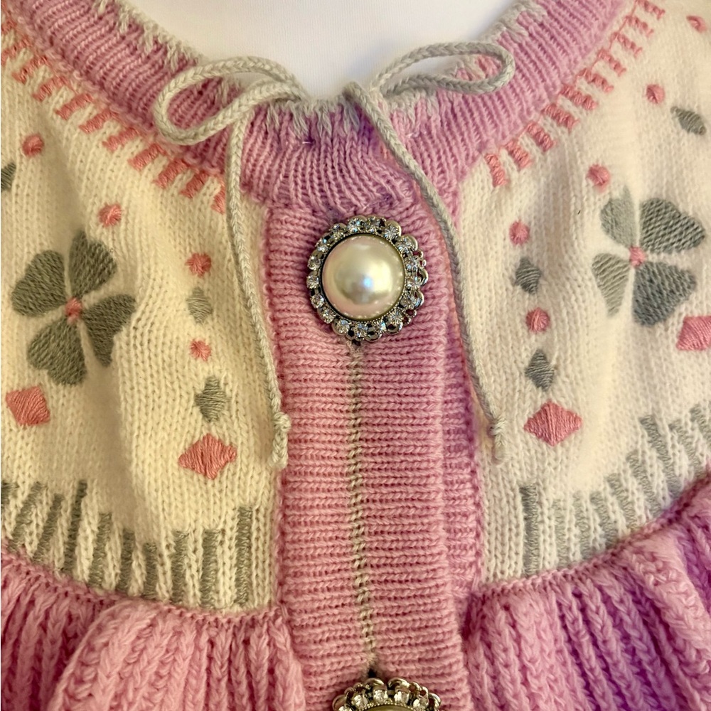 Hill House Home Desk Cardigan Sweater Wool Sz Small Pink Floral Pearly Buttons - Picture 5 of 7